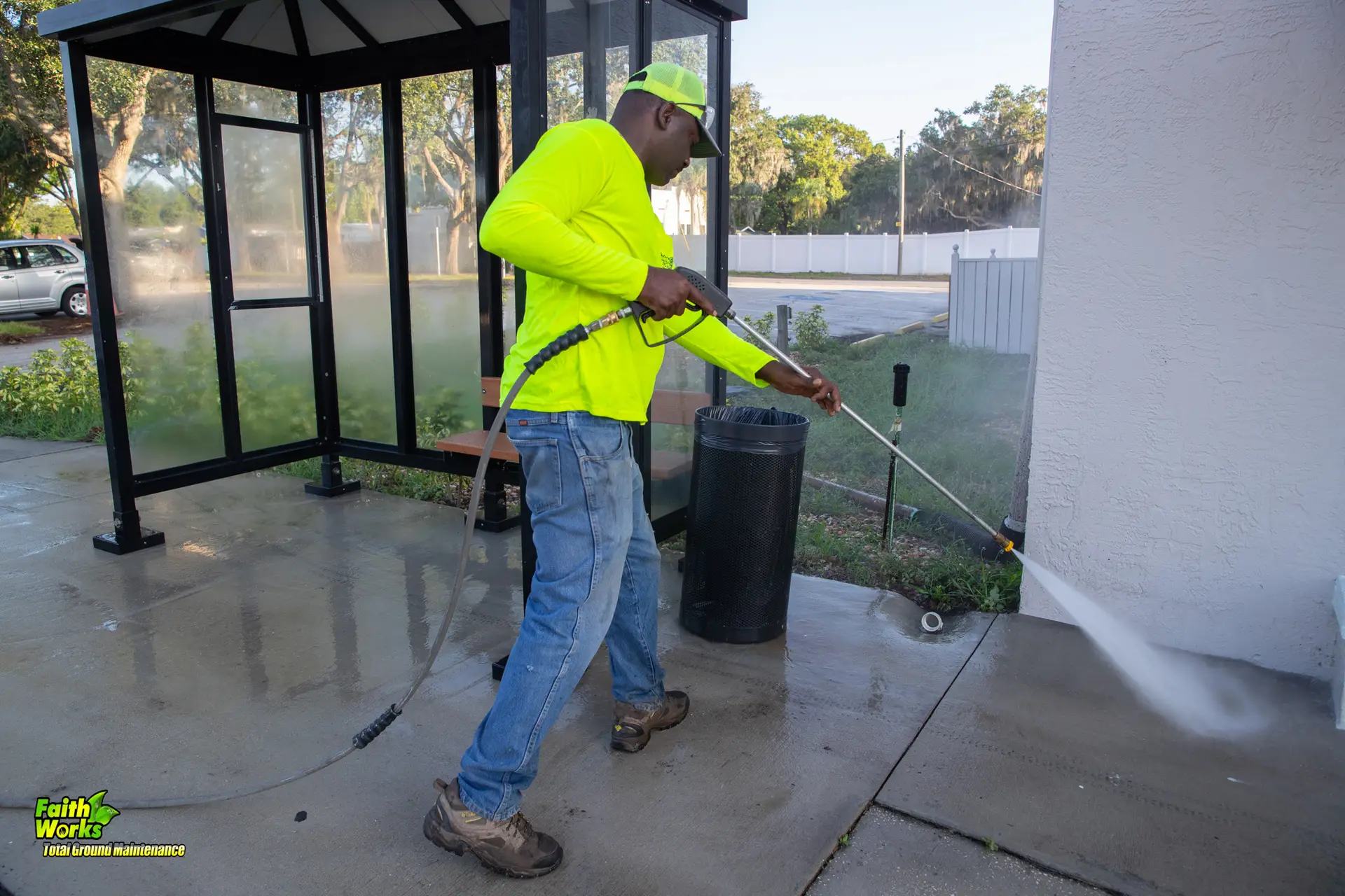 Faithworks team member pressure washing a public transit shelter